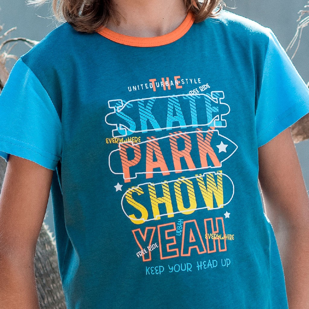 Pijama niño manga corta azul y naranja de Kinanit KN313V22