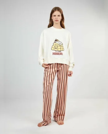 Pijama de mujer Snoopy con sudadera cruda y pantalón largo de rayas en tonos teja