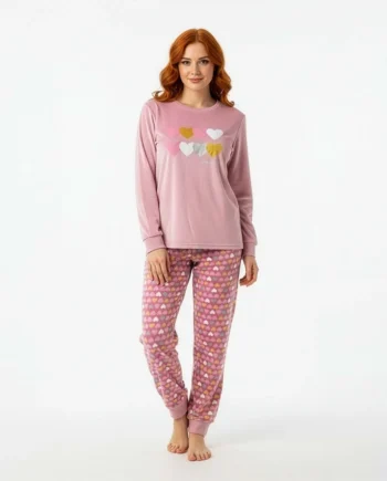 Pijama de mujer de manga larga con corazones y pantalón estampado