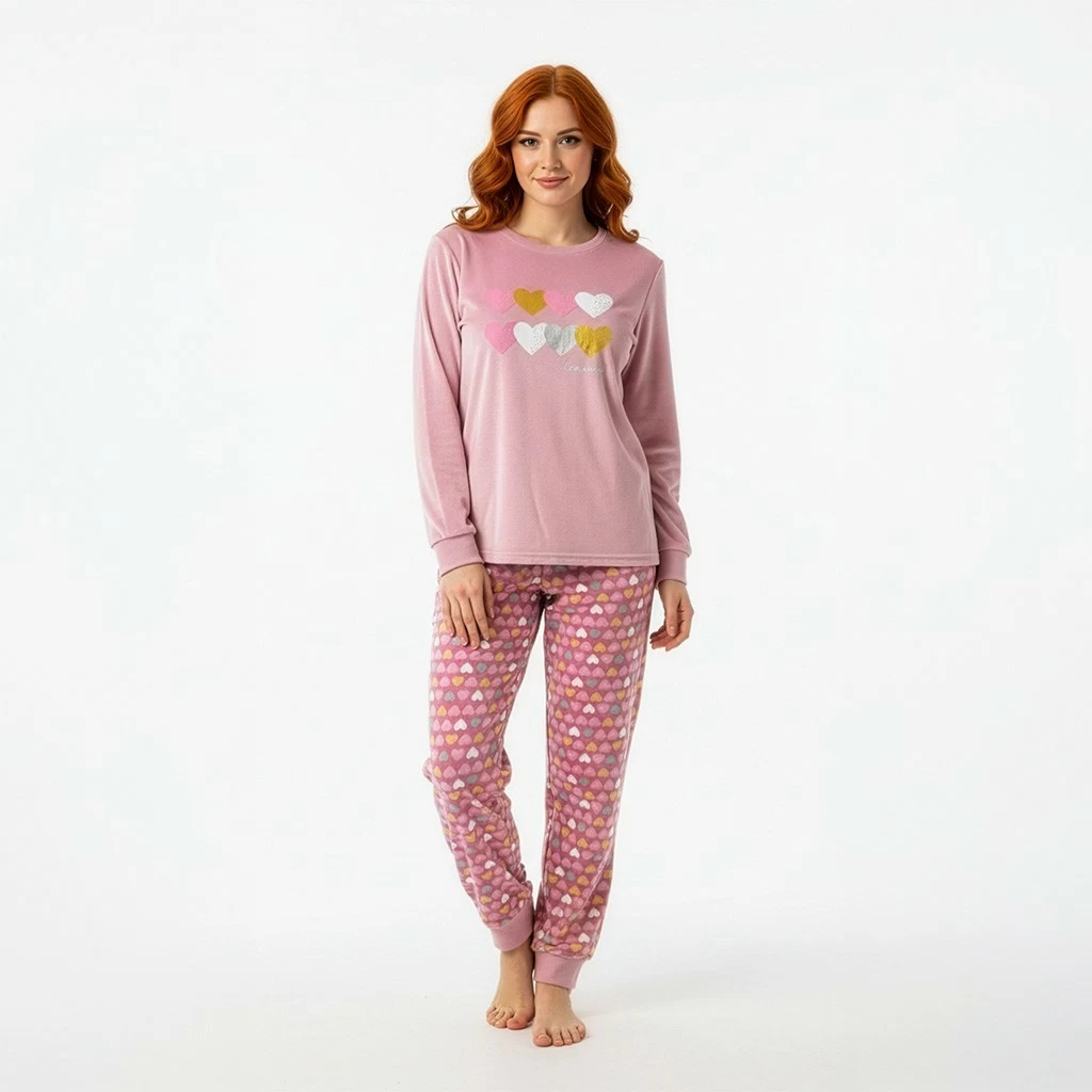 Pijama de mujer de manga larga con corazones y pantalón estampado