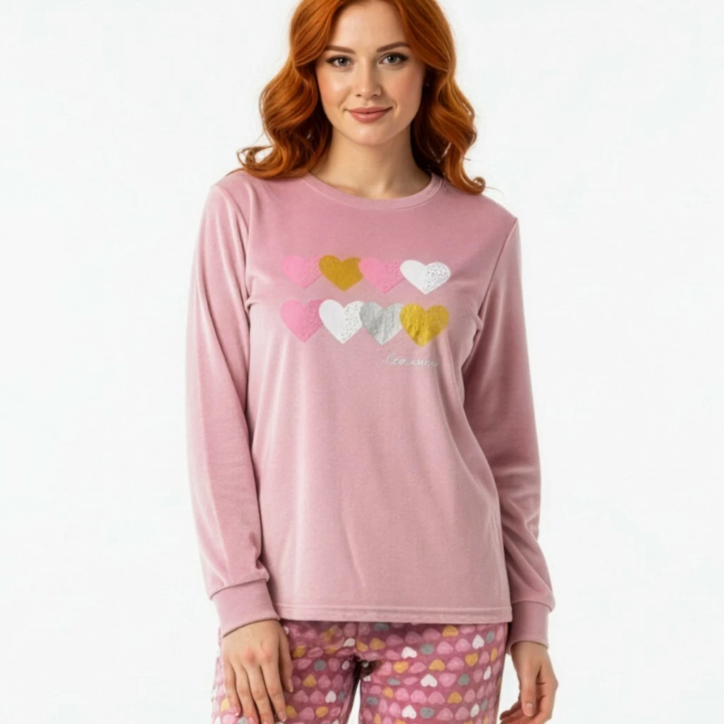 Camiseta de manga larga con cuello redondo y dibujo de corazones del pijama de mujer