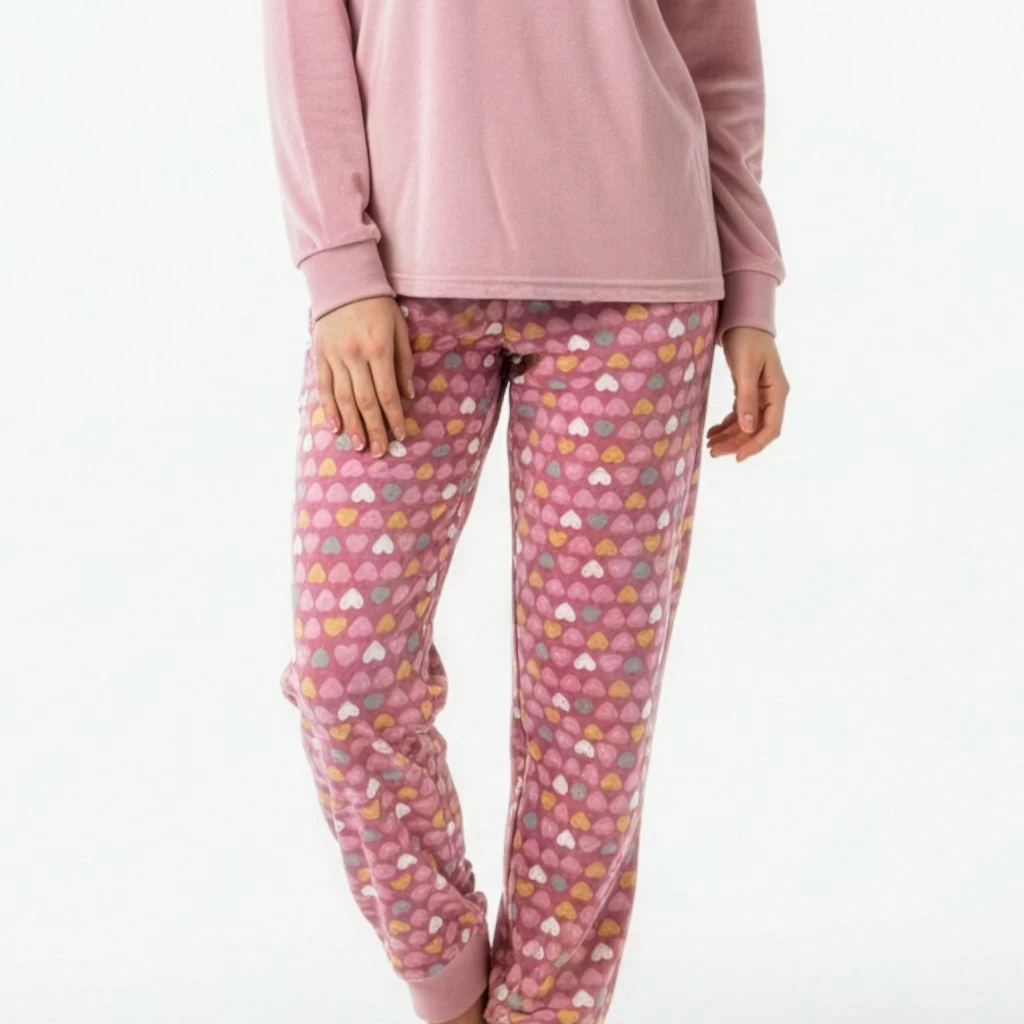 Pantalón largo estampado con corazones y puños del pijama de mujer