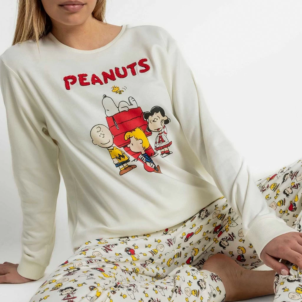 Camiseta de manga larga del pijama de mujer Snoopy, con dibujo frontal y cuello redondo
