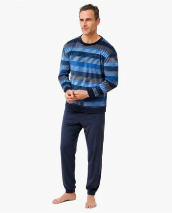 Pijama de hombre manga larga a rayas azul