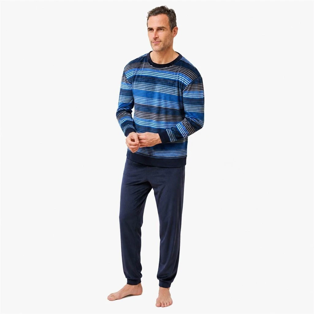 Pijama de hombre manga larga a rayas azul