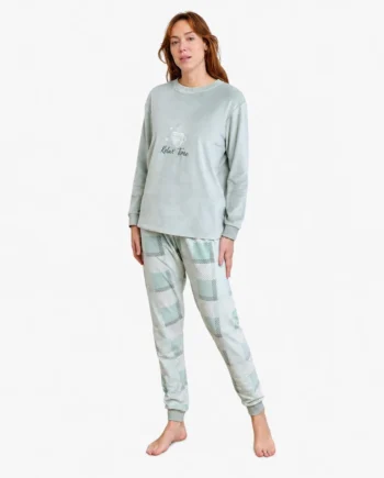 Pijama de mujer de terciopelo elástico con pantalón de cuadros en verde agua