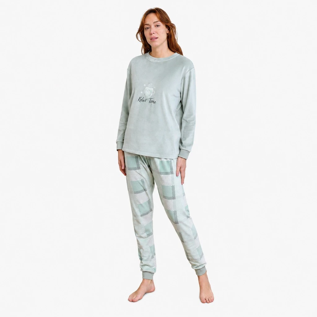 Pijama de mujer de terciopelo elástico con pantalón de cuadros en verde agua