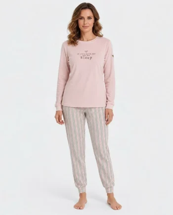 Pijama de mujer en tejido spandex con camiseta de mensaje frontal y pantalón de rayas